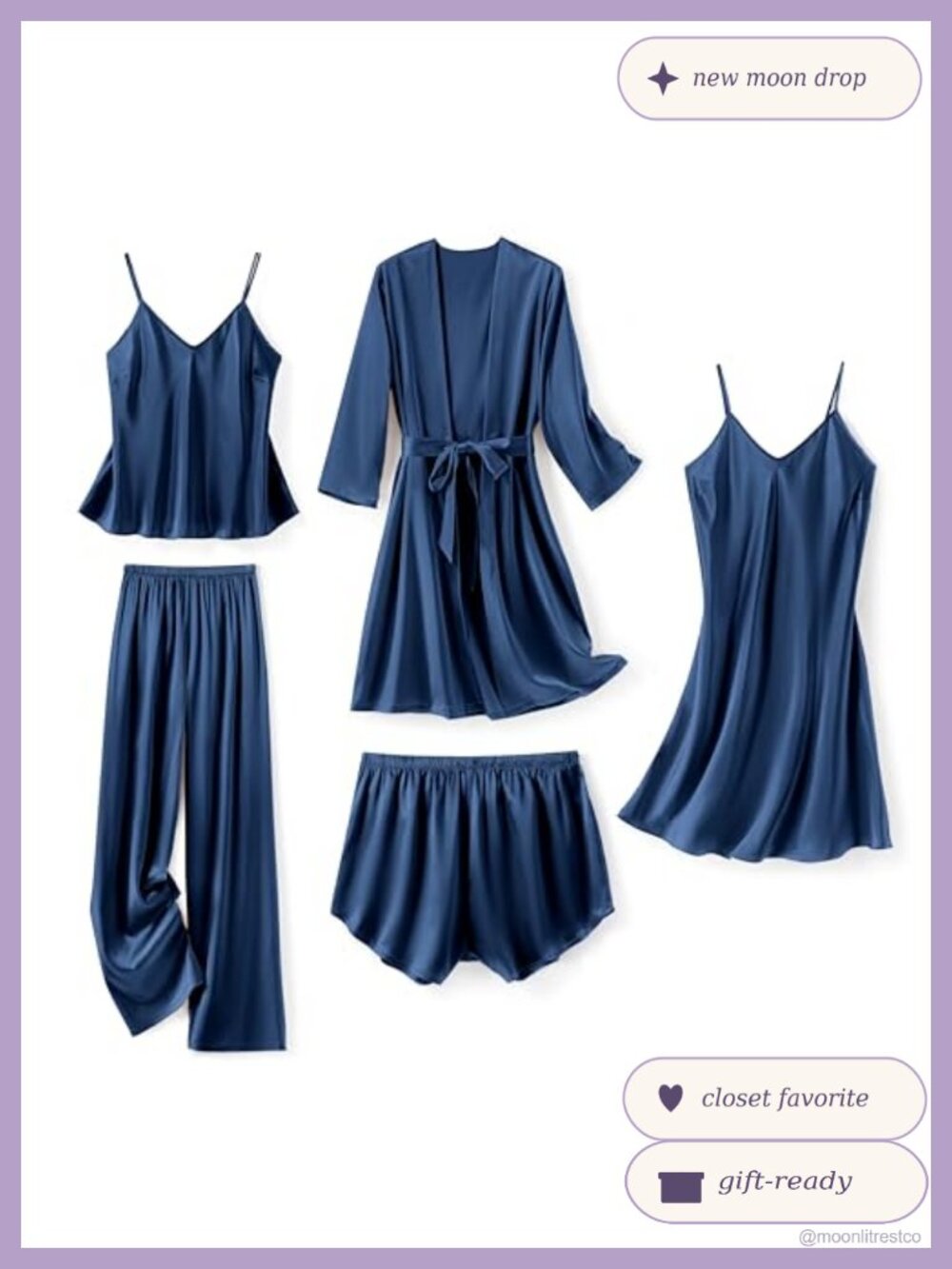 Satin 5 Piece Pajama Set Robe Nightgown Cami Pjs Sleepwear